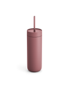 Fellow Carter Cold Tumbler in matte pink with lid and straw on a white background.