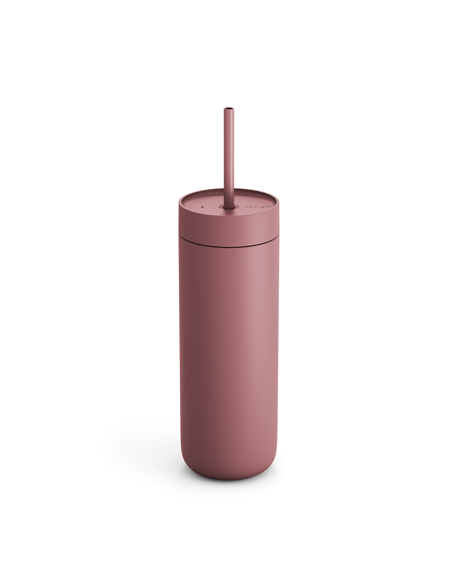 Fellow Carter Cold Tumbler in matte pink with lid and straw on a white background.