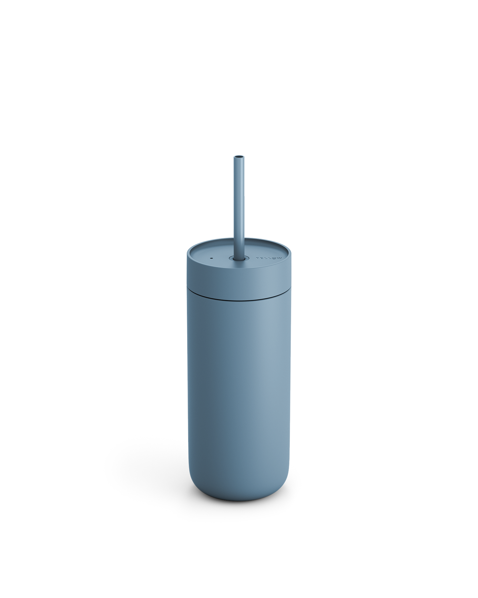 Fellow Carter Cold Tumbler in matte blue with lid and straw, on a plain white background.