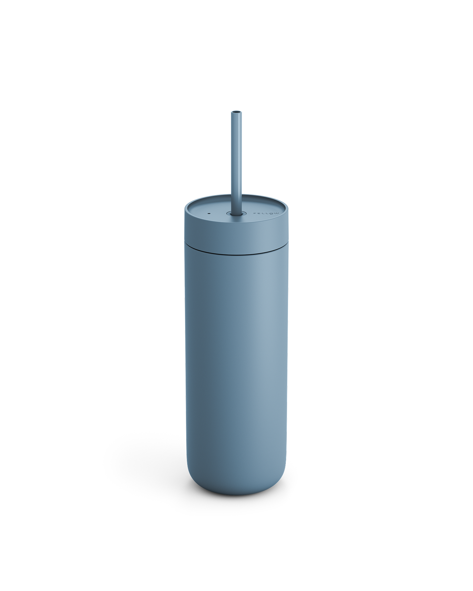 The Fellow Carter Cold Tumbler is blue and comes with a lid and straw.