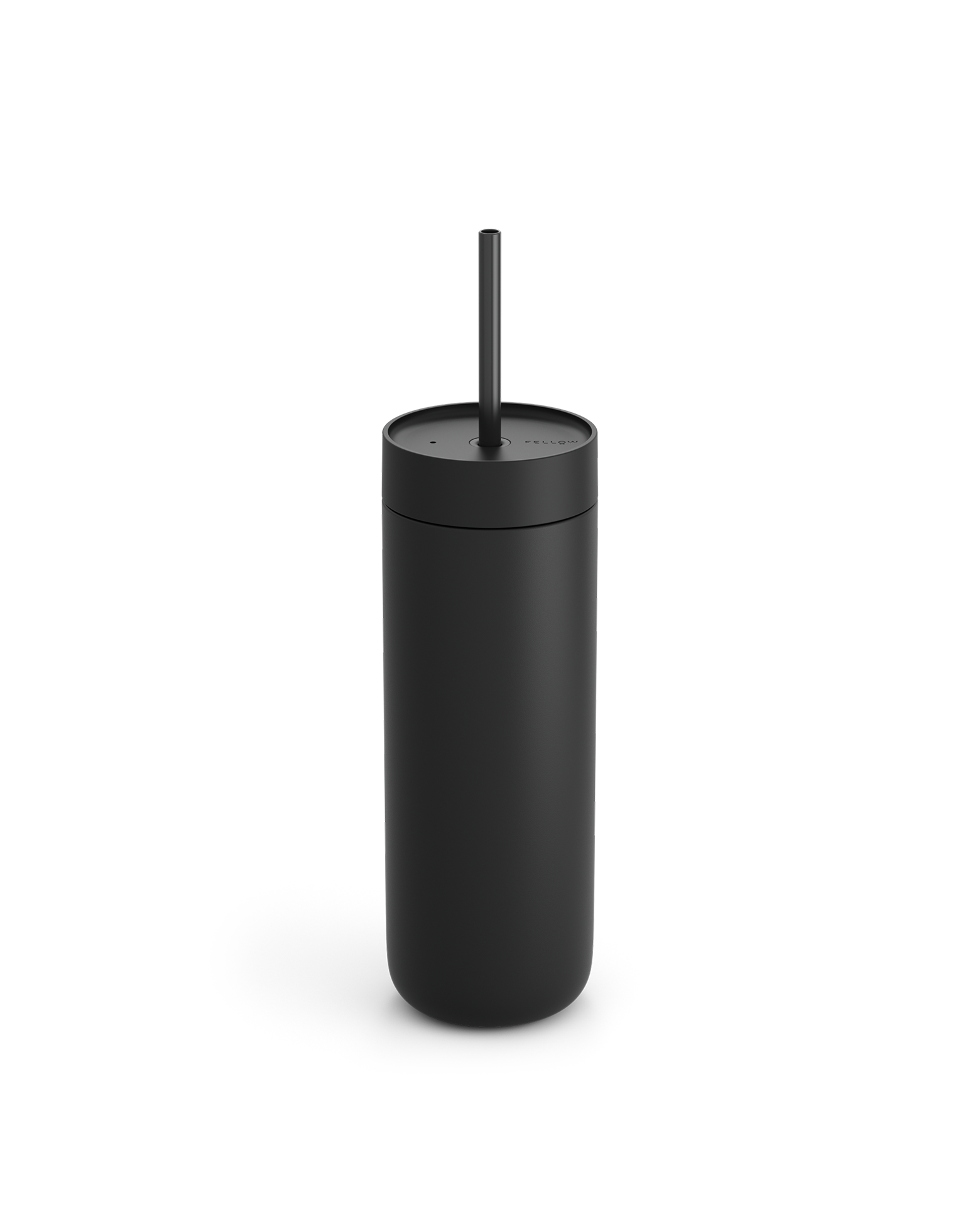 Fellow Carter Cold Tumbler in matte black with lid and straw on a plain white background.