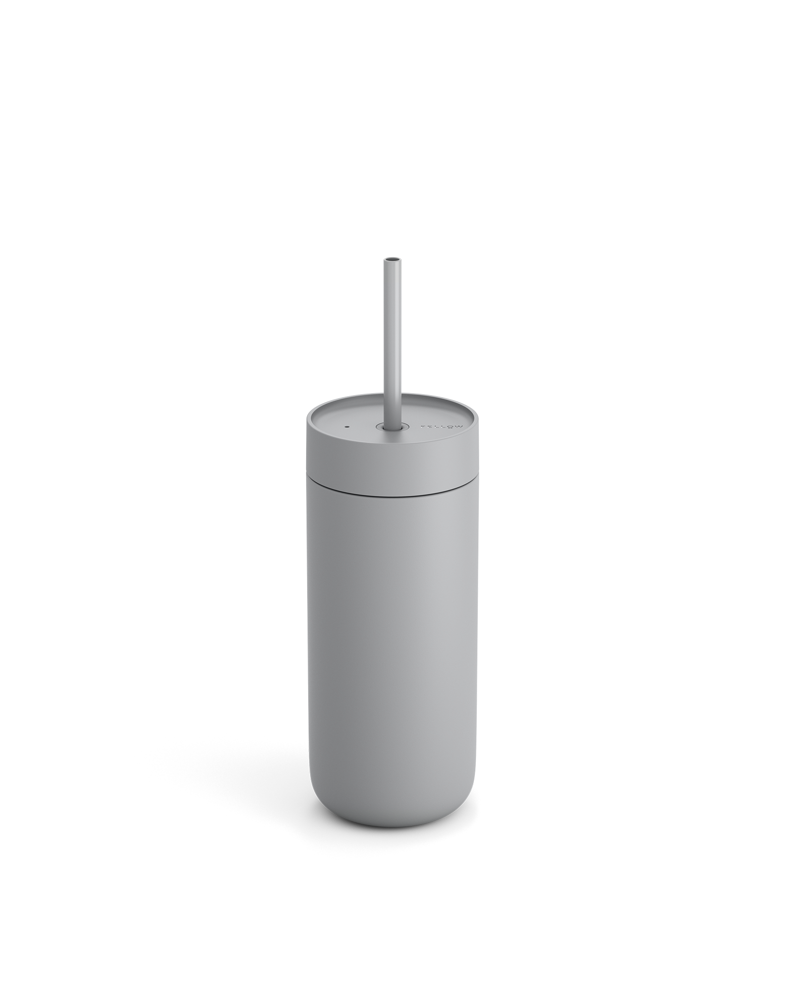Fellow Carter Cold Tumbler, gray, with lid and straw, shown on a white background.