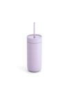The Fellow Carter Cold Tumbler in light purple comes with a lid and straw on a white background.