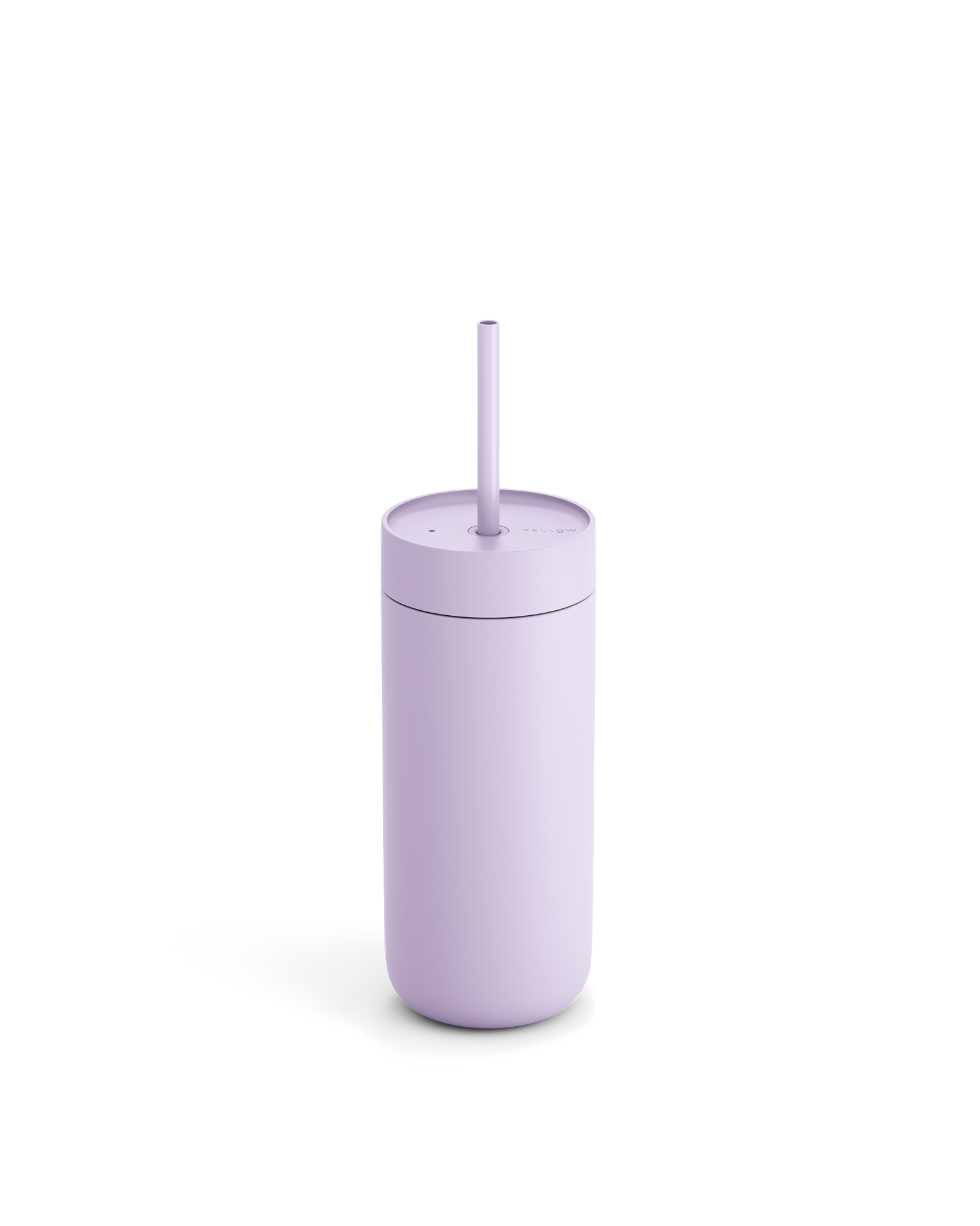 The Fellow Carter Cold Tumbler in light purple comes with a lid and straw on a white background.