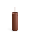 Fellow Carter Cold Tumbler in matte brown with lid and straw on a white background.