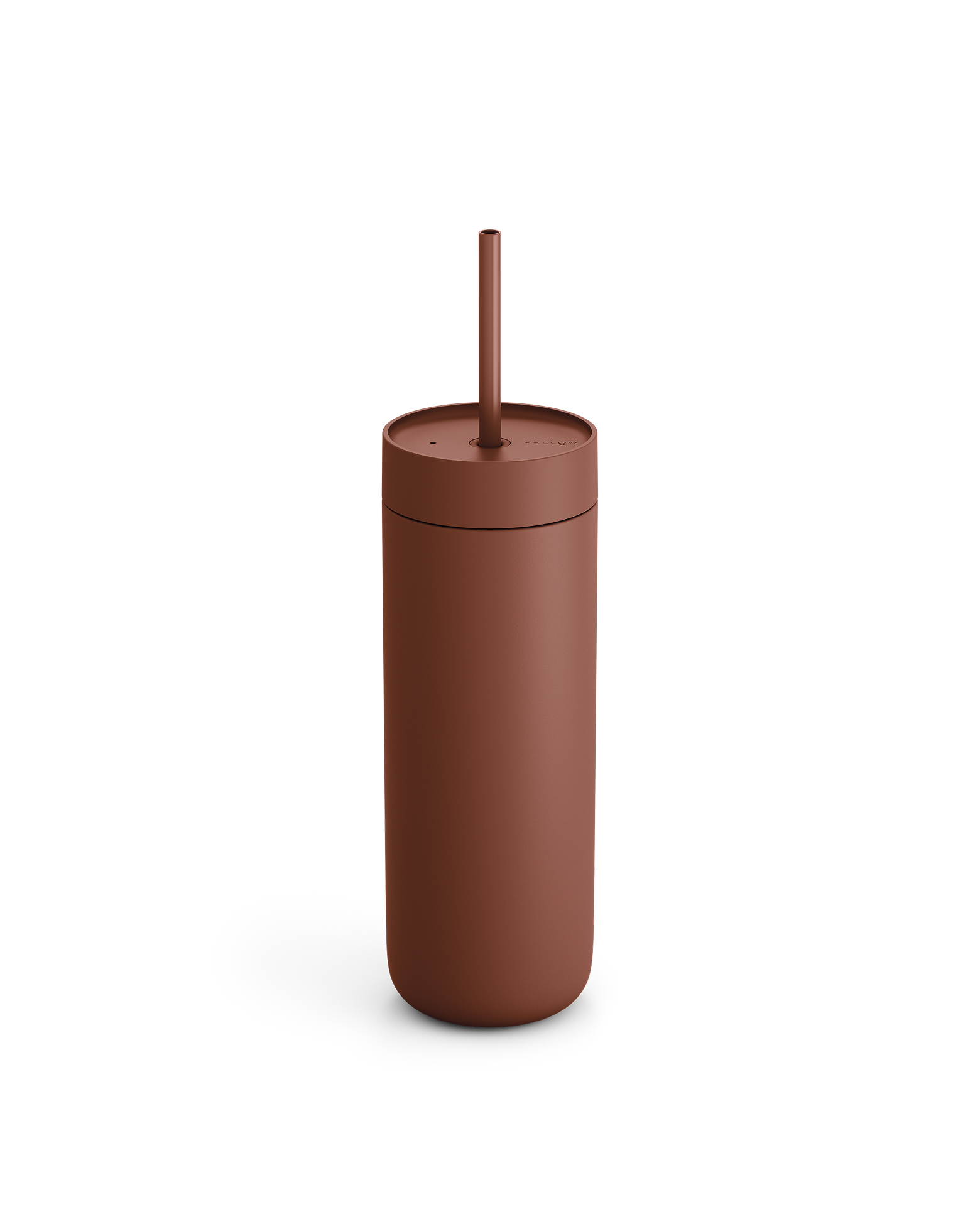 Fellow Carter Cold Tumbler in matte brown with lid and straw on a white background.