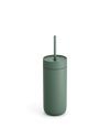 Fellow Carter Cold Tumbler in matte green with lid and straw on a white background.