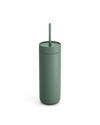 Fellow Carter Cold Tumbler in matte green with lid and straw, shown on a white background.
