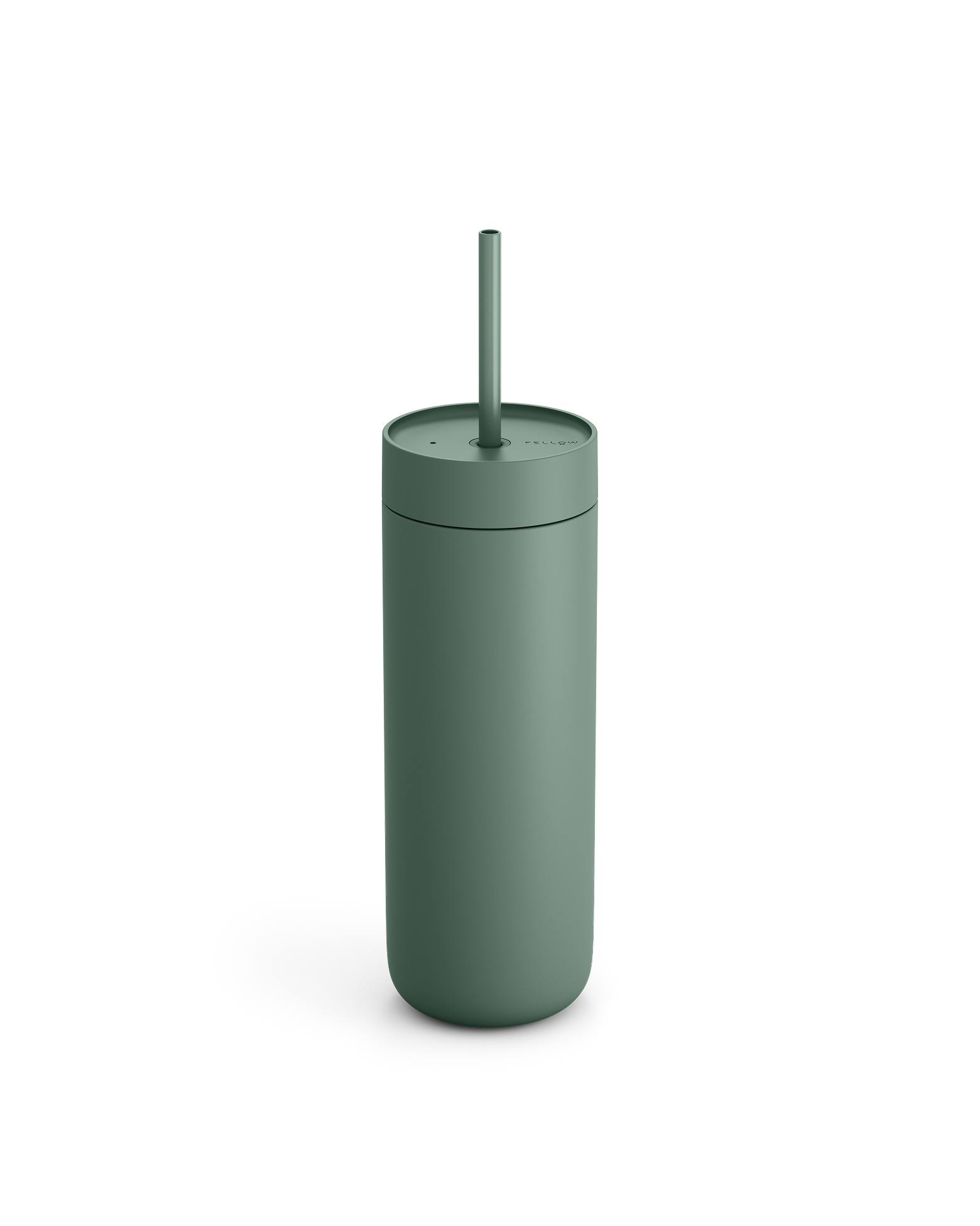 Fellow Carter Cold Tumbler in matte green with lid and straw, shown on a white background.