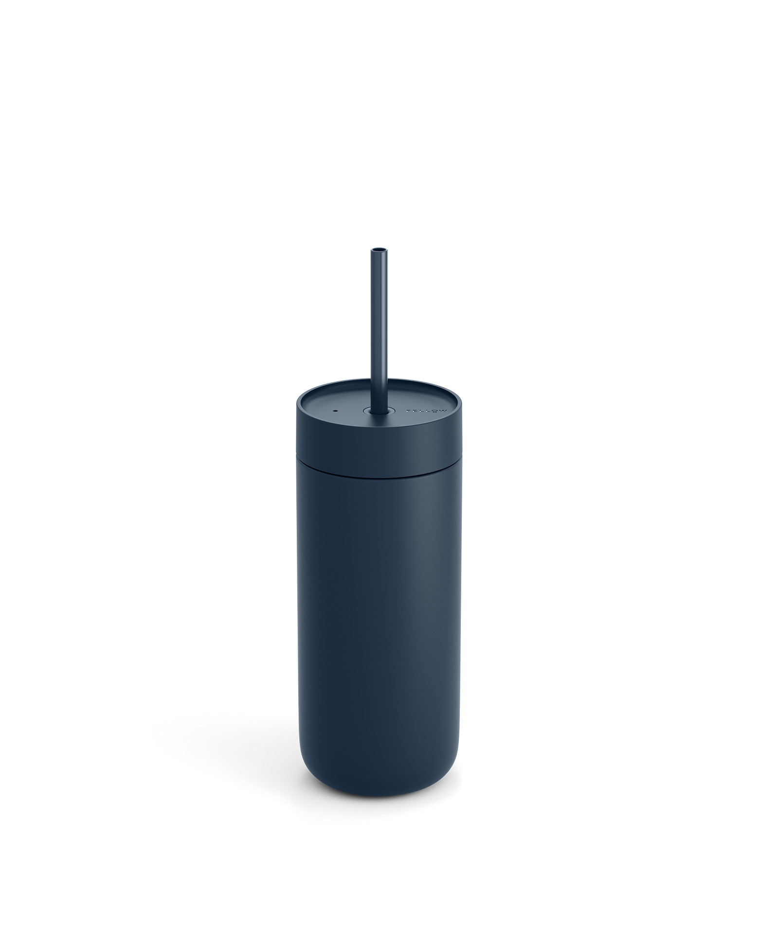 Fellow Carter Cold Tumbler in dark blue with lid and straw on a plain white background.