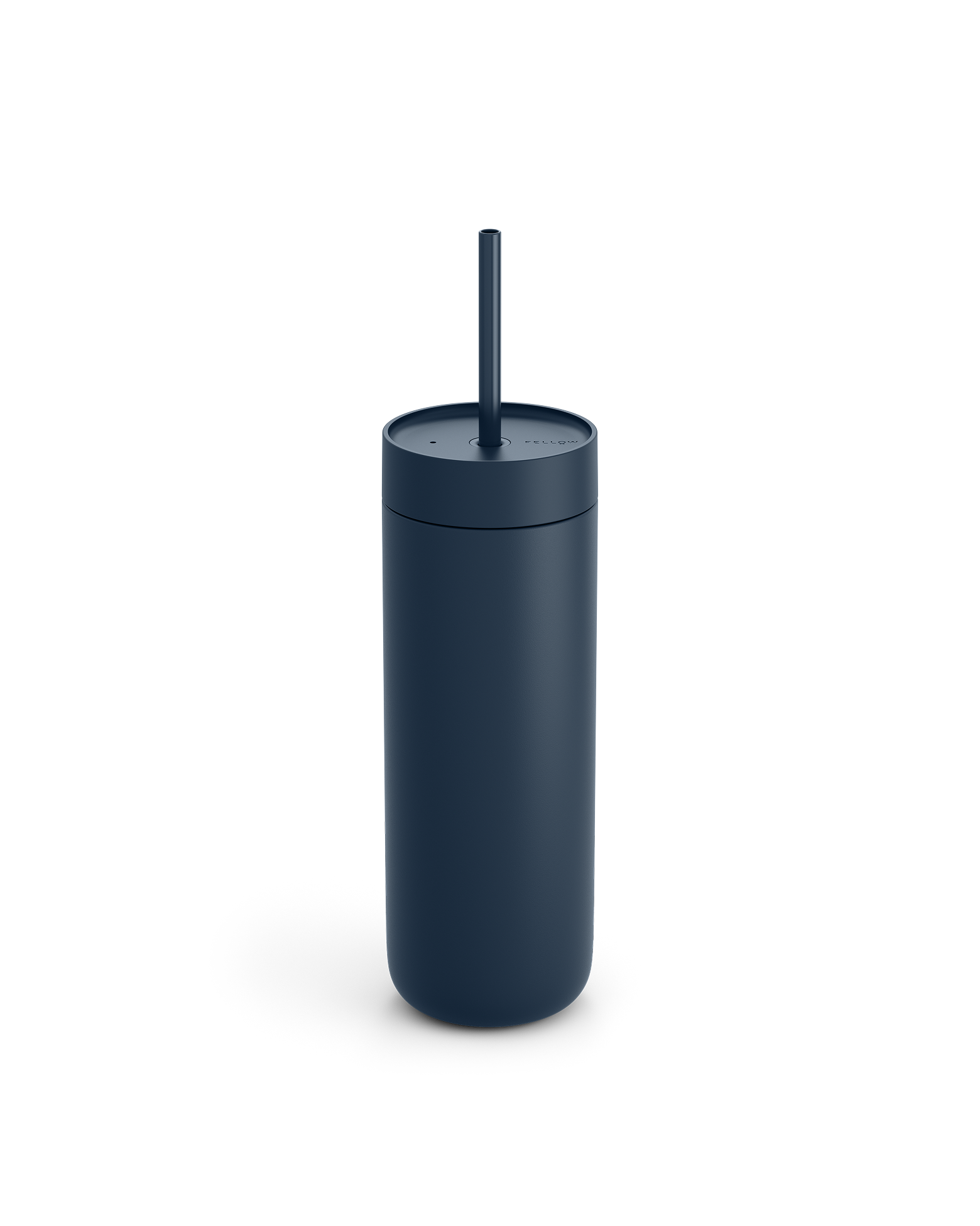 Fellow Carter Cold Tumbler in dark blue with lid and straw on a plain white background.