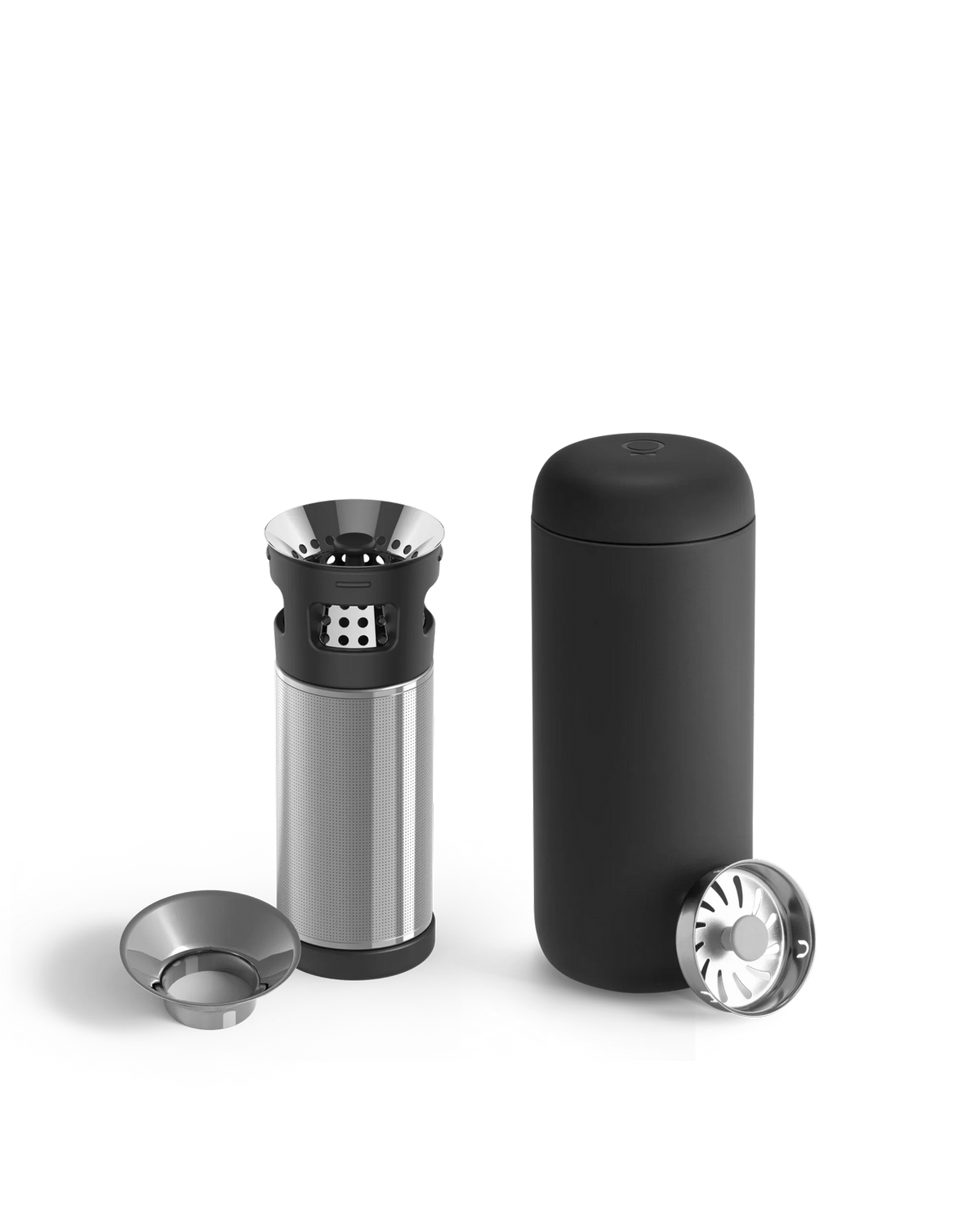 Fellow Carter Infuser Set: black & silver travel mug with filter, lid, and cup.