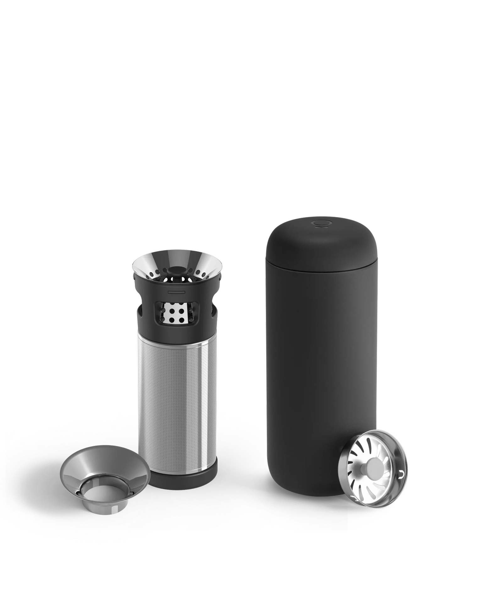 Fellow Carter Infuser Set: black & silver travel mug with filter, lid, and cup.