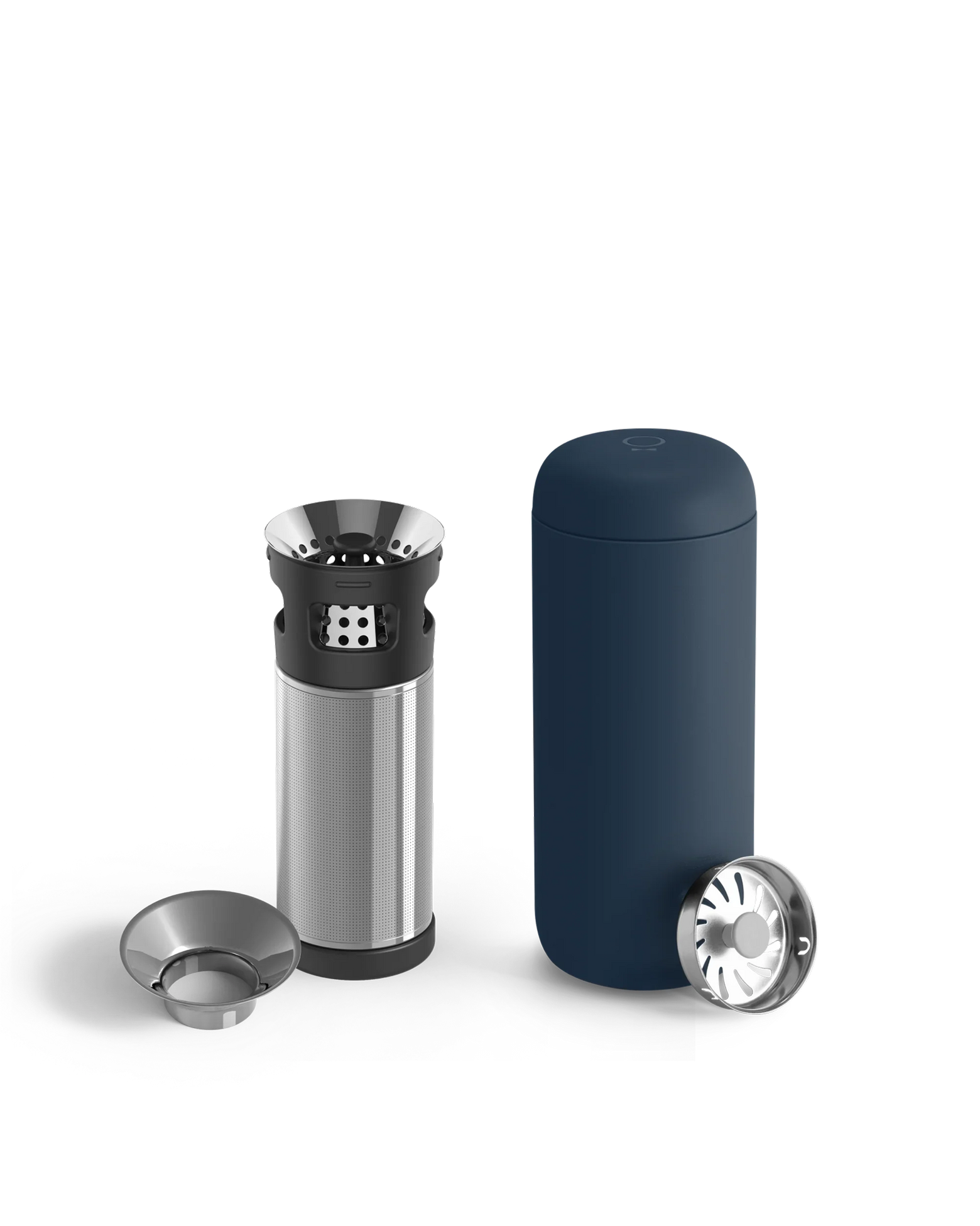 Fellow Carter Infuser Set in Stone Blue for coffee or tea on the go, with metal filter parts.