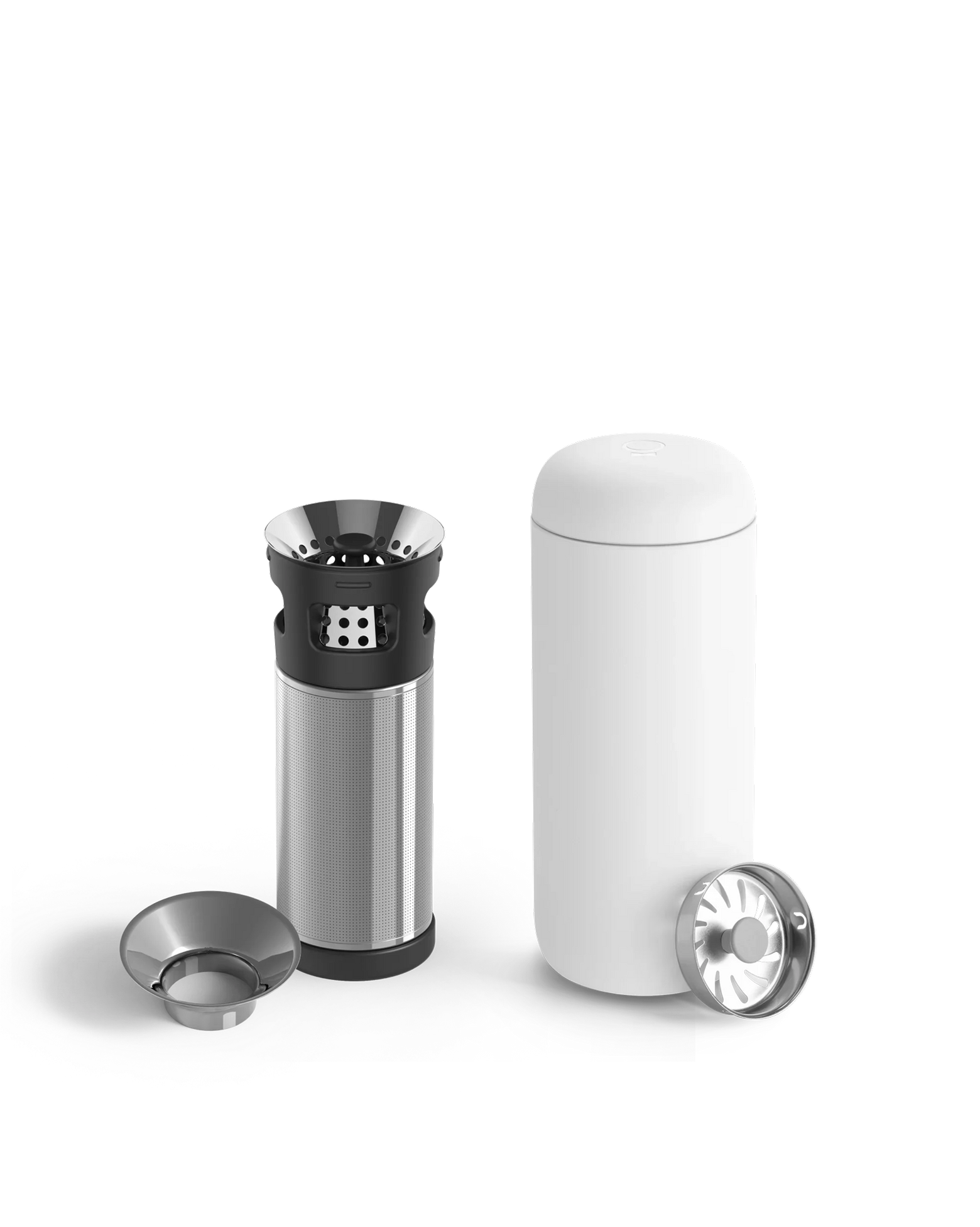 Fellow Carter Infuser Set: sleek white cold brew maker with metal filter parts.