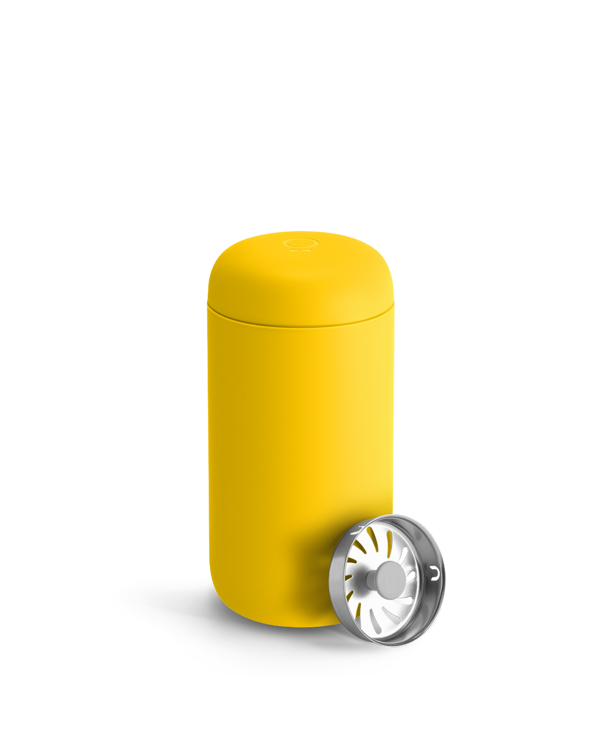 Fellow Carter Move Mug in Lemon Zest with metal tea infuser lid on a plain white background.
