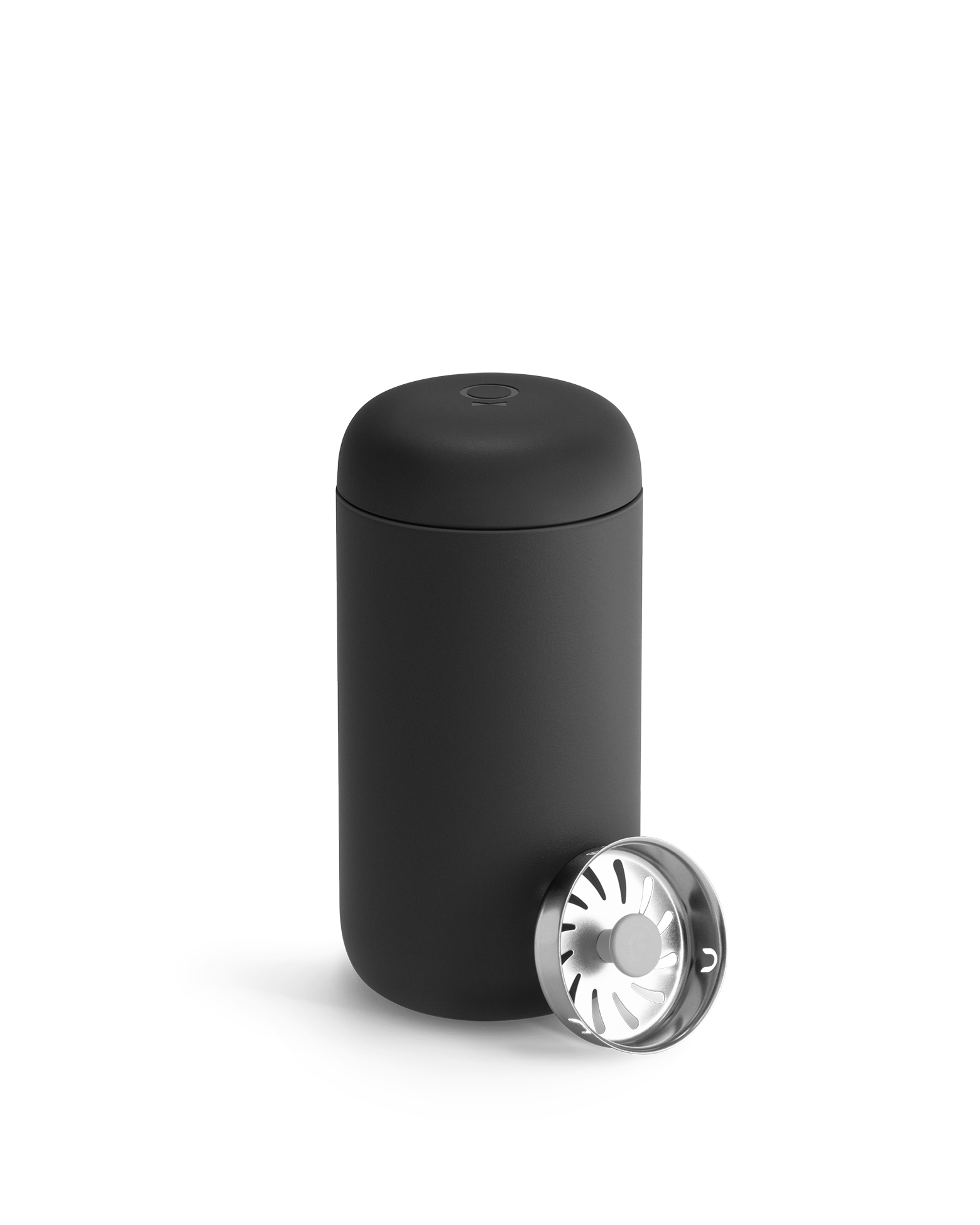 Matte black Fellow Carter Move Mug with rounded lid and separate metal strainer cap.