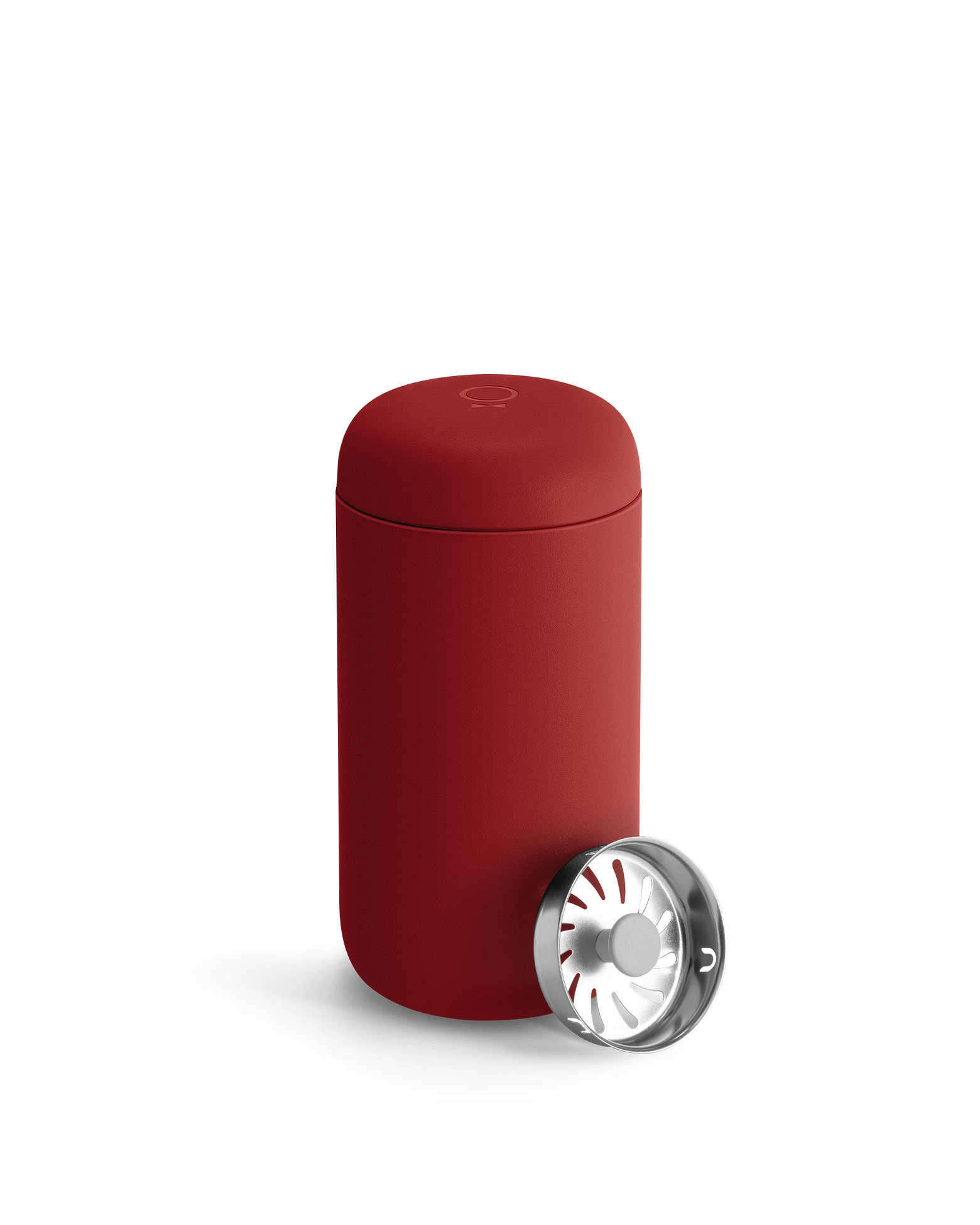 Red Fellow Carter Move Mug with separate round metallic lid in front.