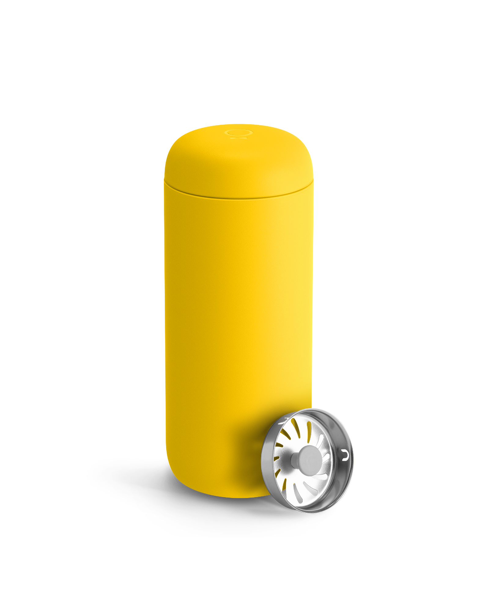 Fellow Carter Move Mug in Lemon Zest with spill-proof infuser lid, perfect for coffee on the go.
