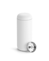 Fellow Carter Move Mug in white, shown with included metal strainer in front.