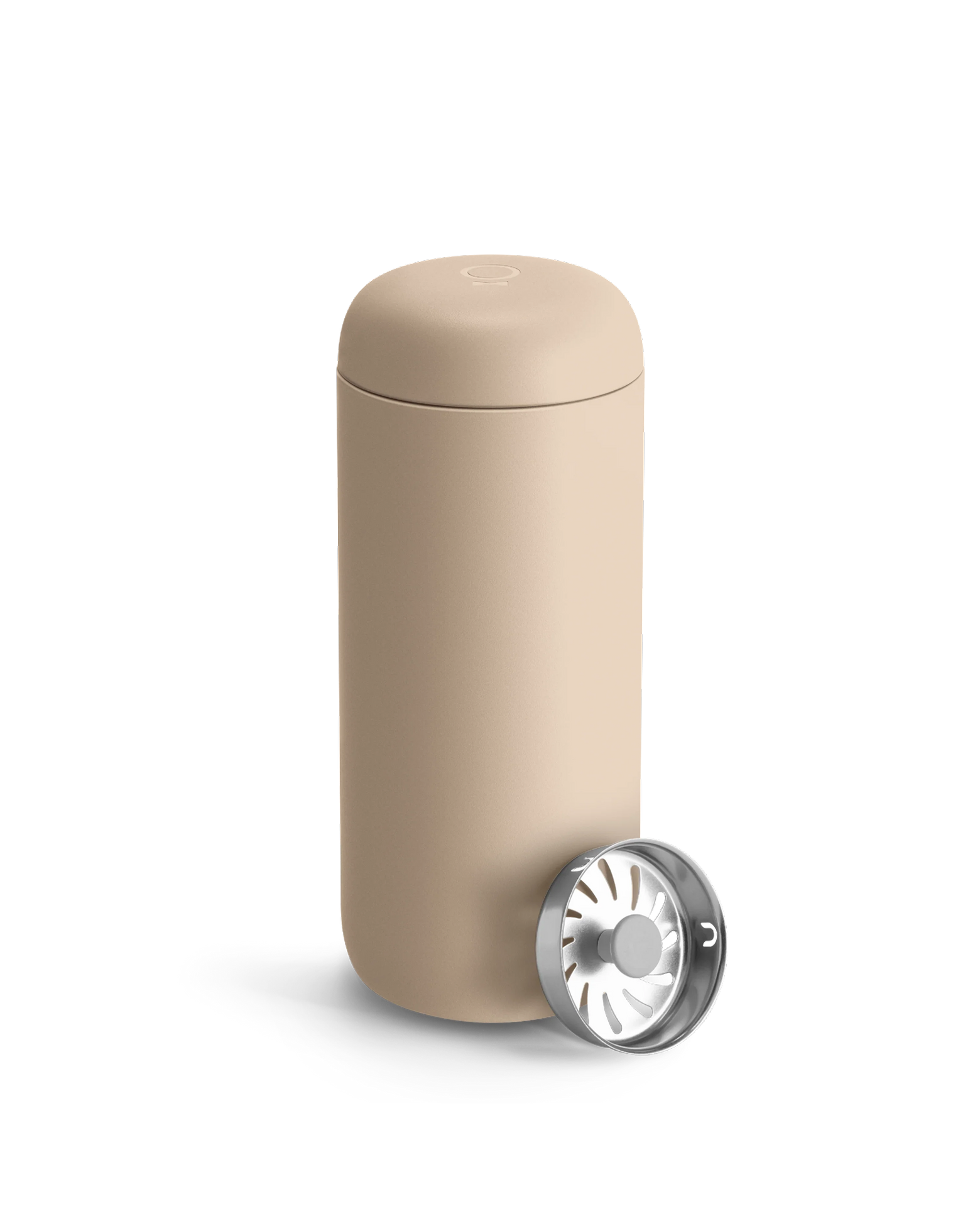 Beige Fellow Carter Move Mug with removable metal strainer on a white background.