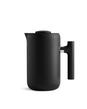 Fellow Clara French Press: matte black, vacuum insulated, mesh filter, side handle.