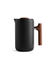 Fellow Clara French Press, matte black with mesh filter and wooden handle on white background.
