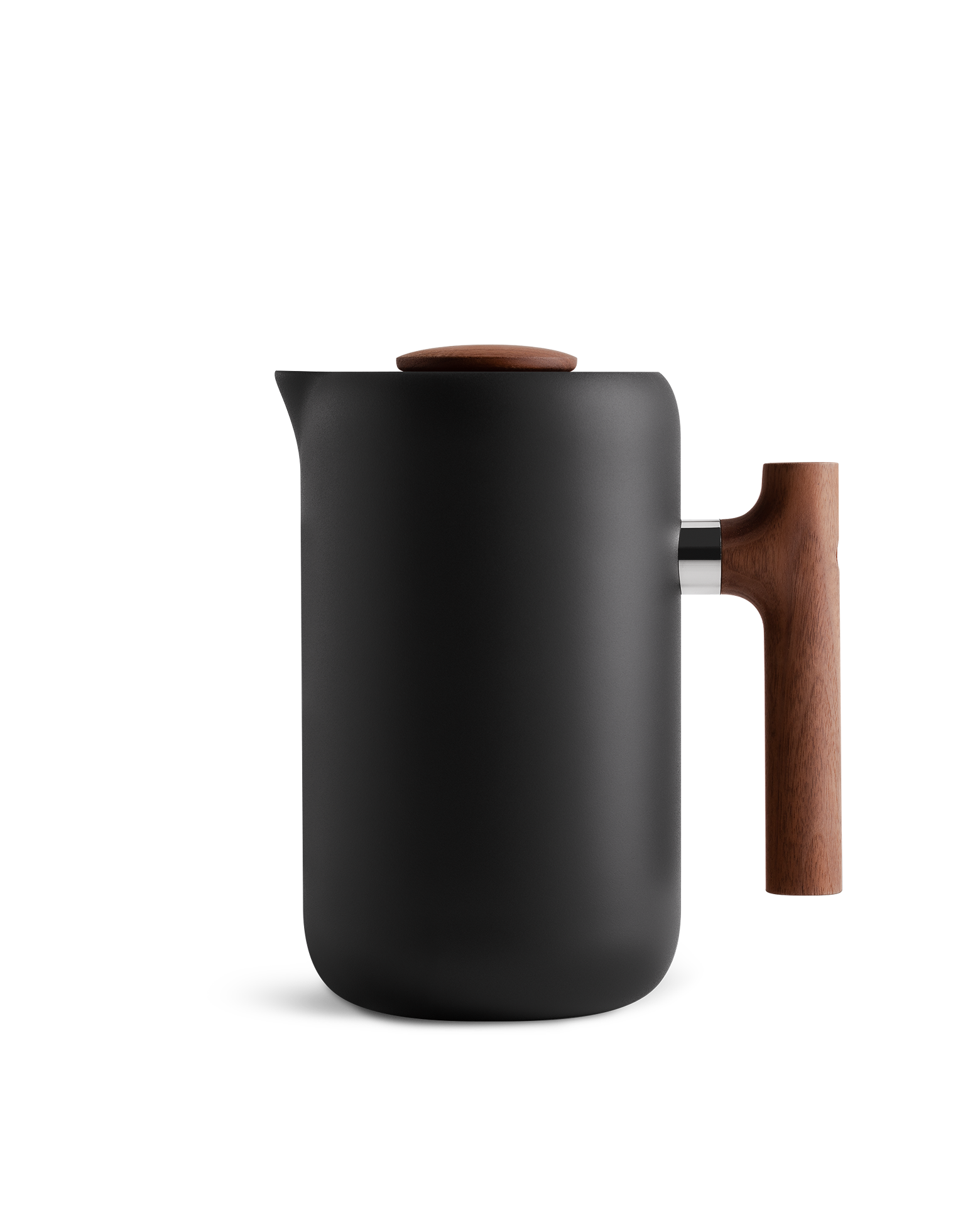 Fellow Clara French Press, matte black with mesh filter and wooden handle on white background.