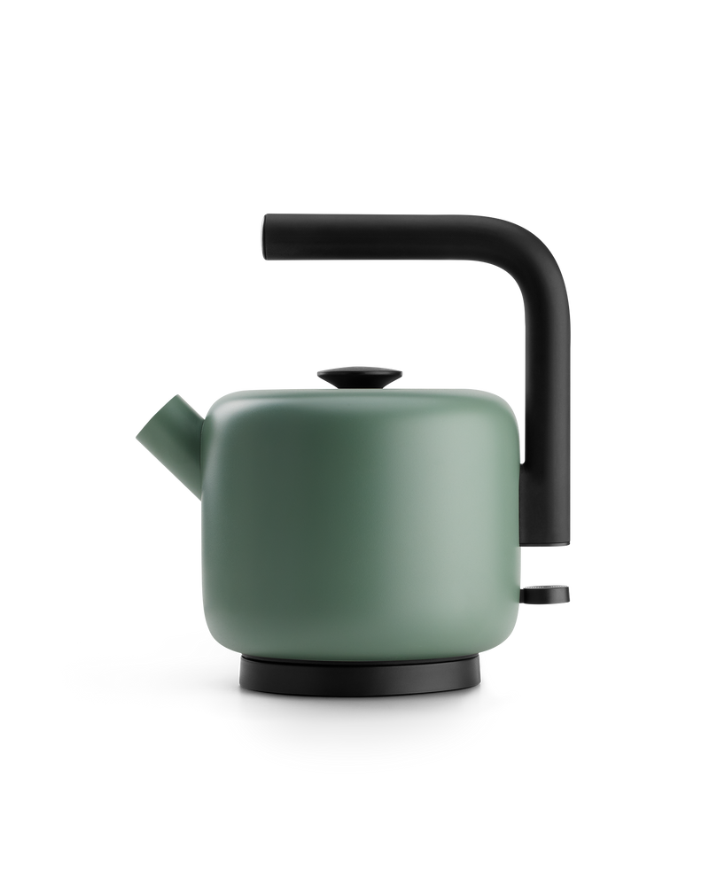 Fellow Clyde Electric Kettle in Smoke Green with black handle and modern, minimalist design.