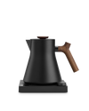 Fellow Corvo EKG Electric Kettle, matte black with wooden handle, on square base.