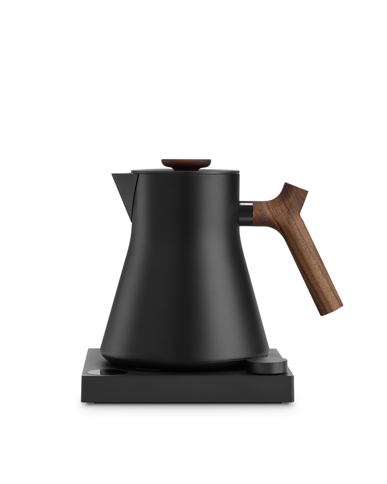 Fellow Corvo EKG Electric Kettle, matte black with wooden handle, on square base.
