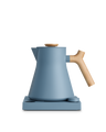 Fellow Corvo EKG Electric Kettle: fast, all-purpose blue kettle with wooden handle and base.