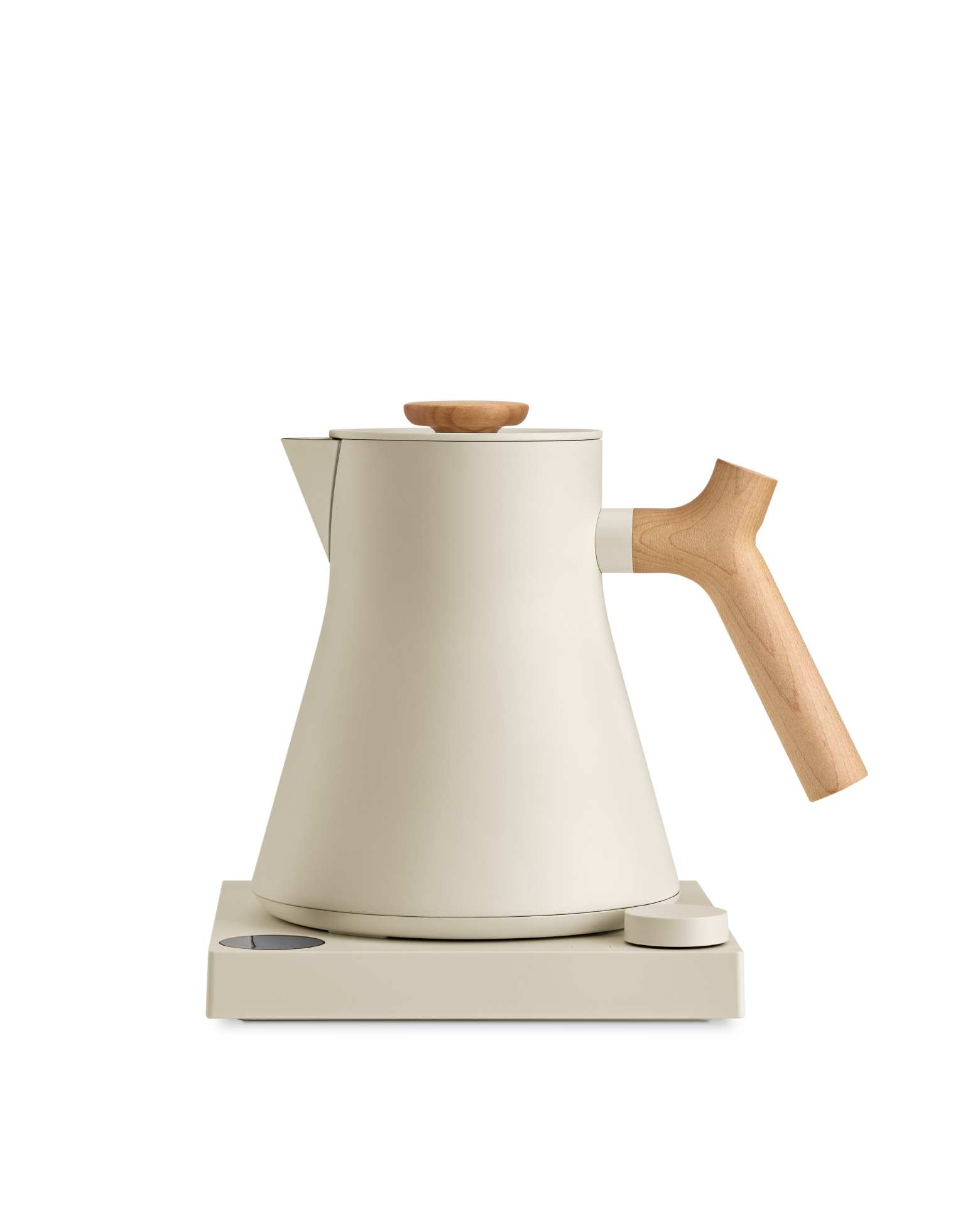 Fellow Corvo EKG Electric Kettle in cream with wood handle and lid, on matching base.