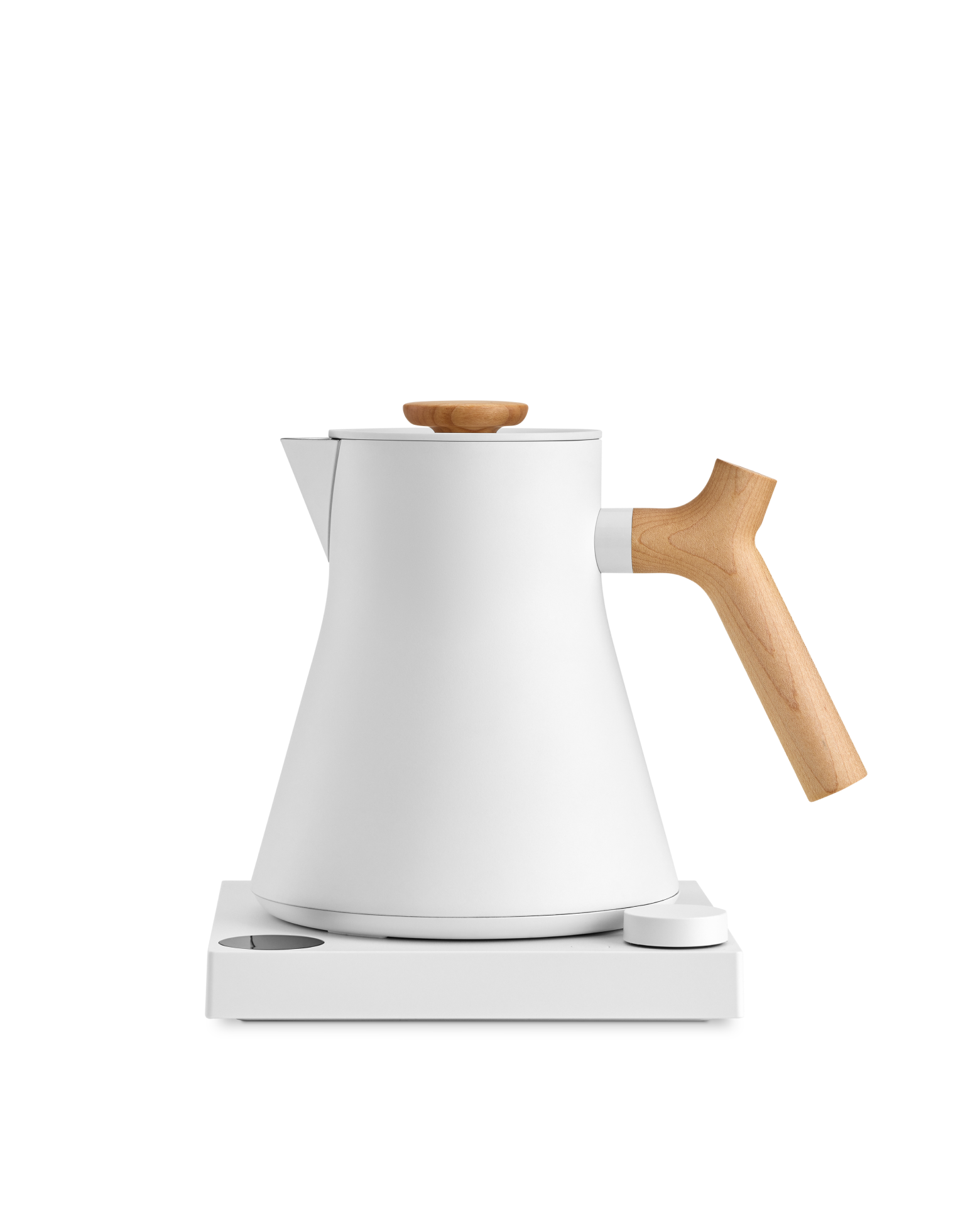 Fellow Corvo EKG Electric Kettle with wooden handle on a sleek white base.