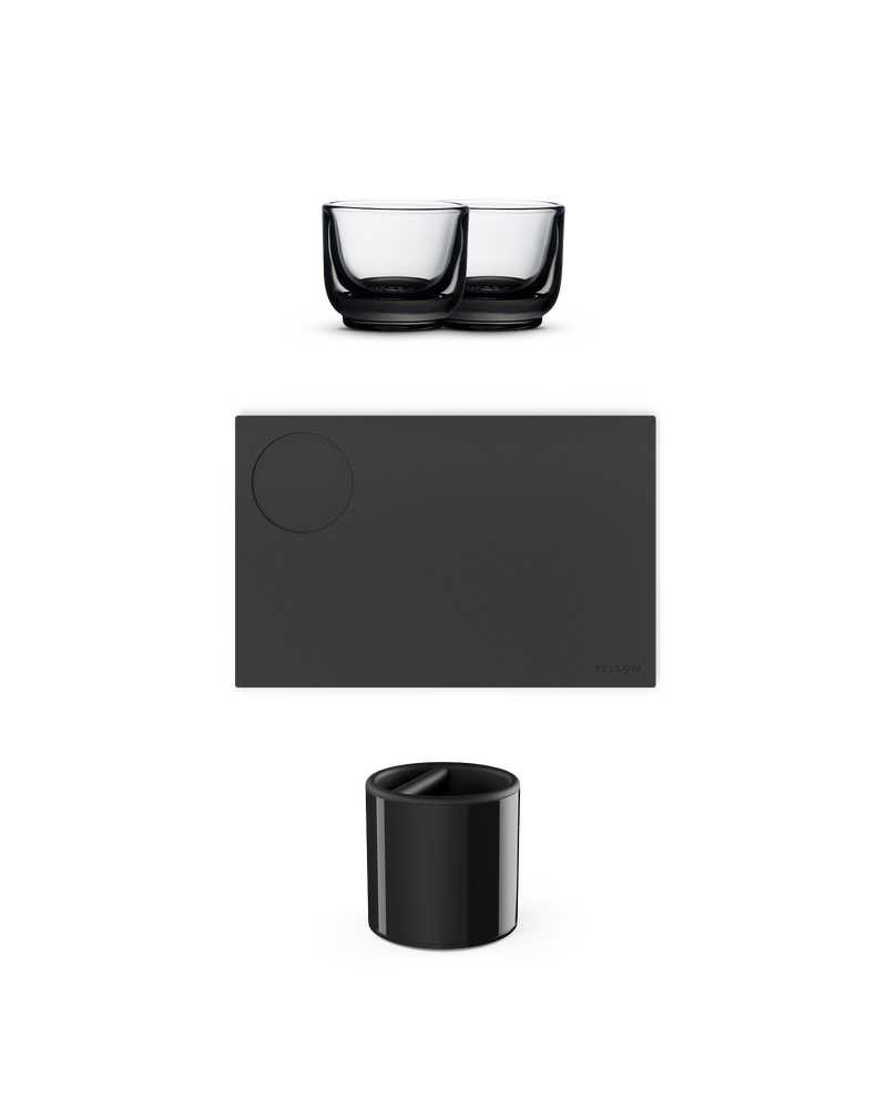 The Fellow Essential Espresso Bundle includes two cups, a knock box, and a tray.