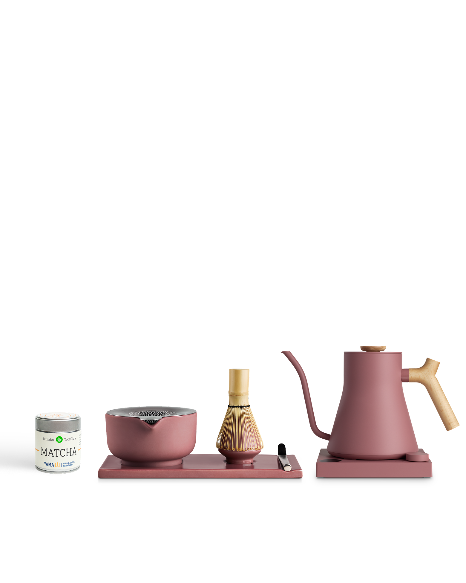 Fellow The Kettle + Matcha Kit: pink bowl, whisk, spoon, matcha tin, tray & electric kettle.