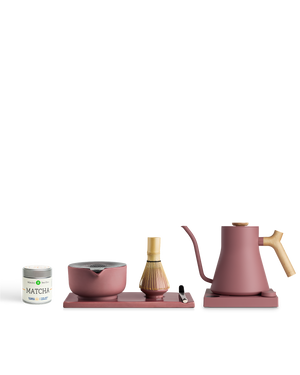 Fellow The Kettle + Matcha Kit: pink bowl, whisk, spoon, matcha tin, tray & electric kettle.