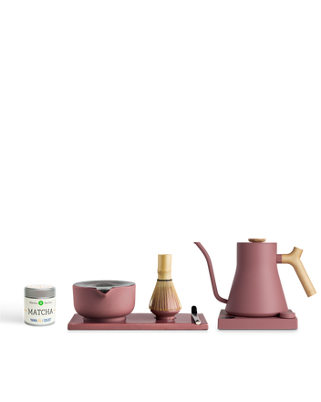 Fellow The Kettle + Matcha Kit: pink bowl, whisk, spoon, matcha tin, tray & electric kettle.