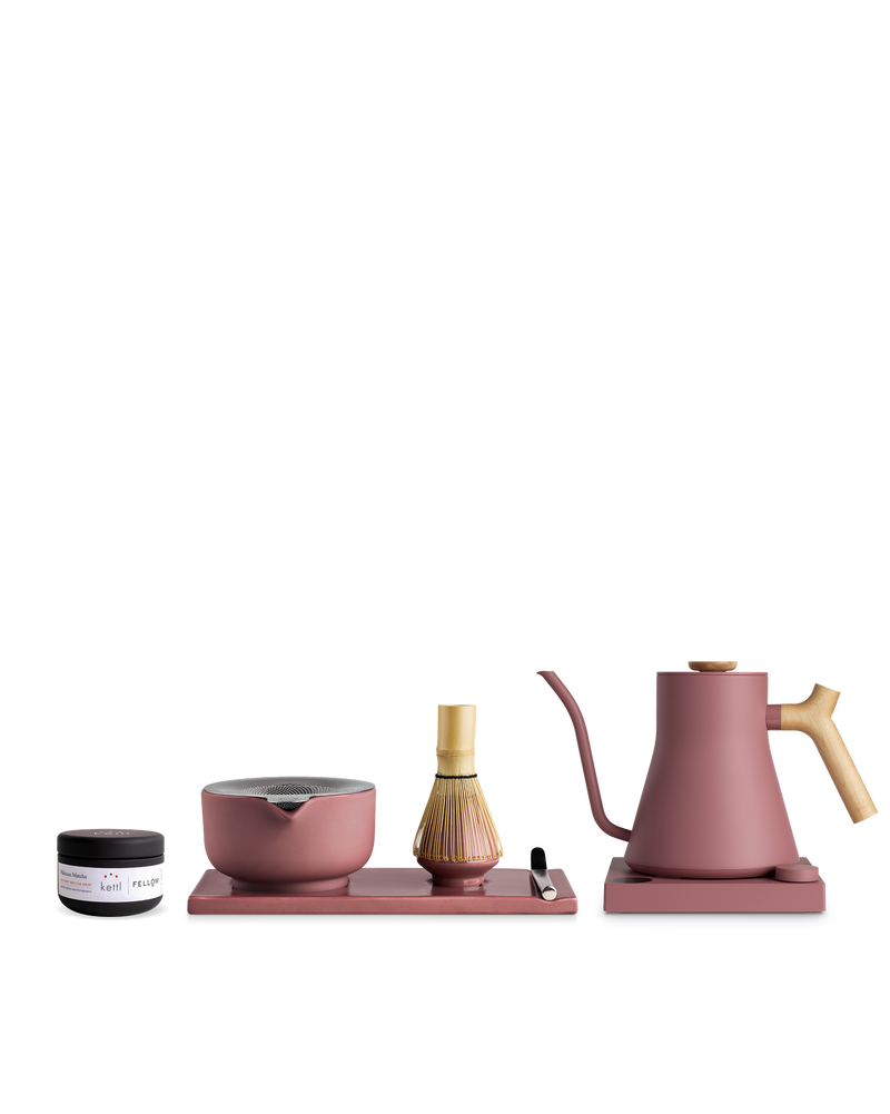 Fellow The Kettle + Matcha Kit: pink bowl, kettle, whisk, tray, scoop & matcha tin.
