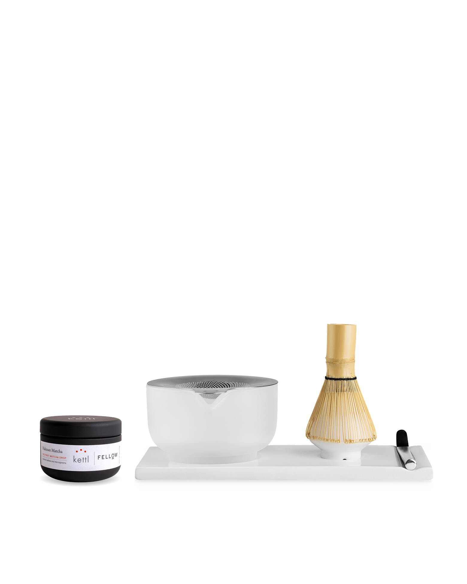 Fellow x Kettl Matcha Set: stone-ground matcha, bowl, whisk, spoon & tin on a white tray.