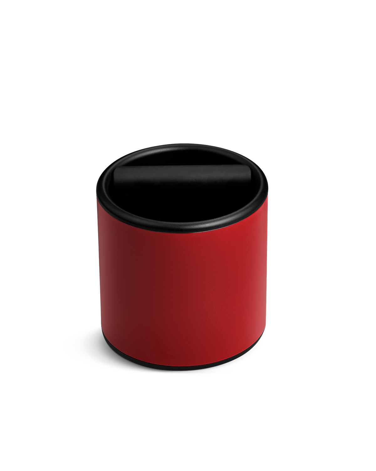 Fellow Espresso Knock Box in cherry red with silicone knock bar and black curved lid.