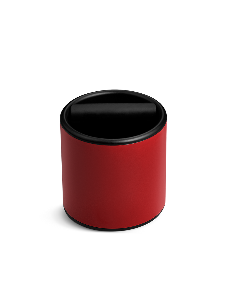 Fellow Espresso Knock Box in cherry red with silicone knock bar and black curved lid.