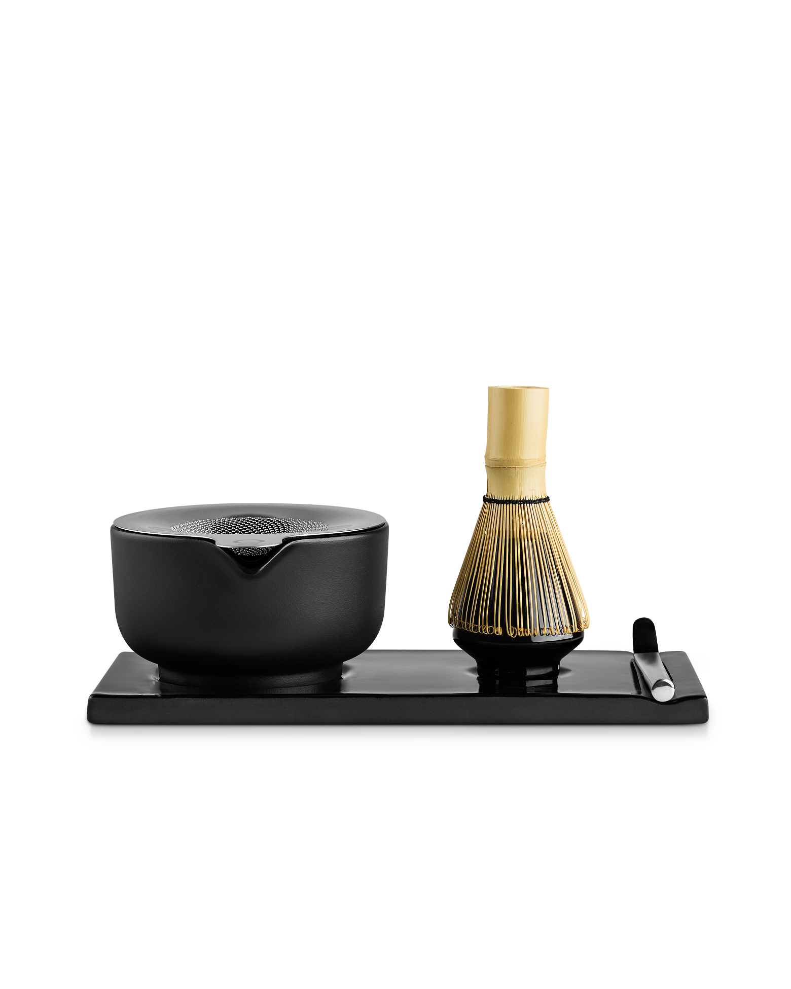Fellow Matcha Set: ceramic bowl, bamboo whisk & spoon on black tray against white.