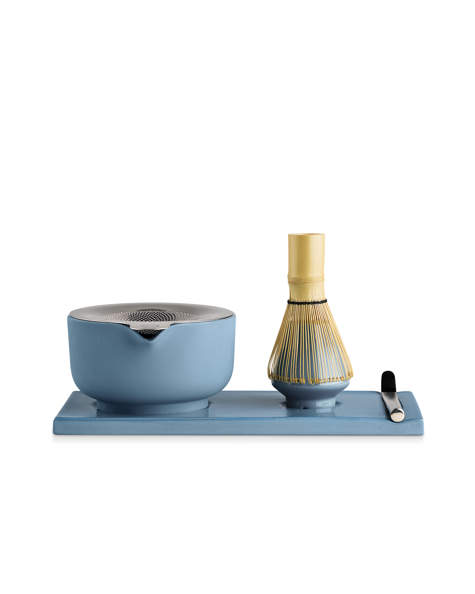 Fellow Matcha Set with handmade ceramic bowl and bamboo whisk on a white background.