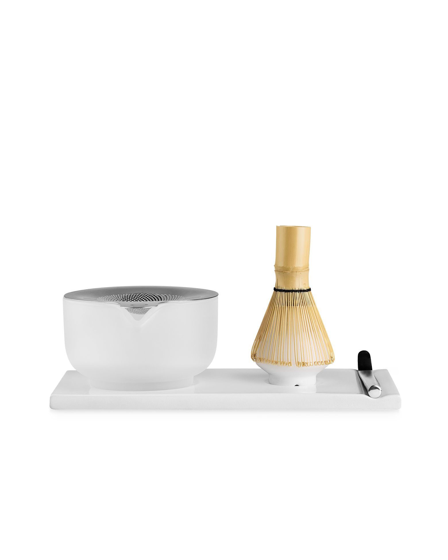 Fellow Matcha Set with handmade ceramic bowl, bamboo whisk, scoop, and tray.