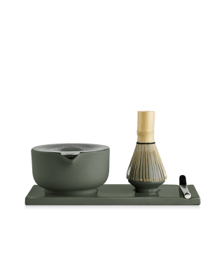 Fellow Matcha Set in Woodland: bowl, whisk, spoon & tray for authentic matcha prep.