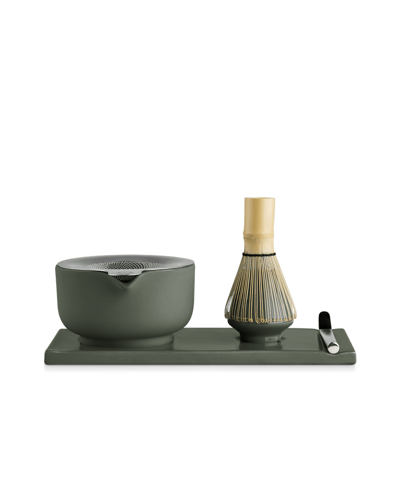 Fellow Matcha Set in Woodland: bowl, whisk, spoon & tray for authentic matcha prep.