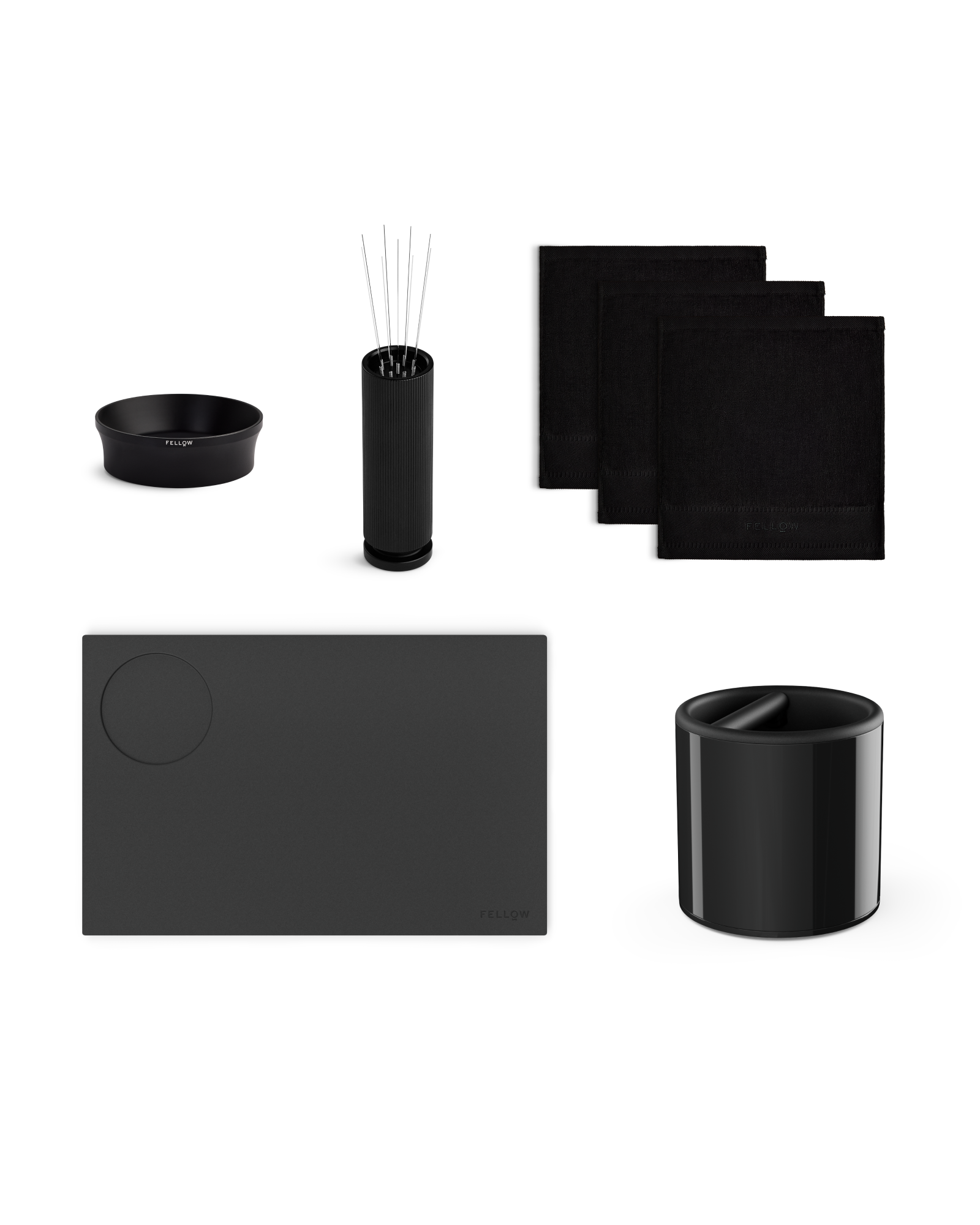 Fellow Enhanced Espresso Bundle: sleek black pen holder, tray, bowl, and cloths included.