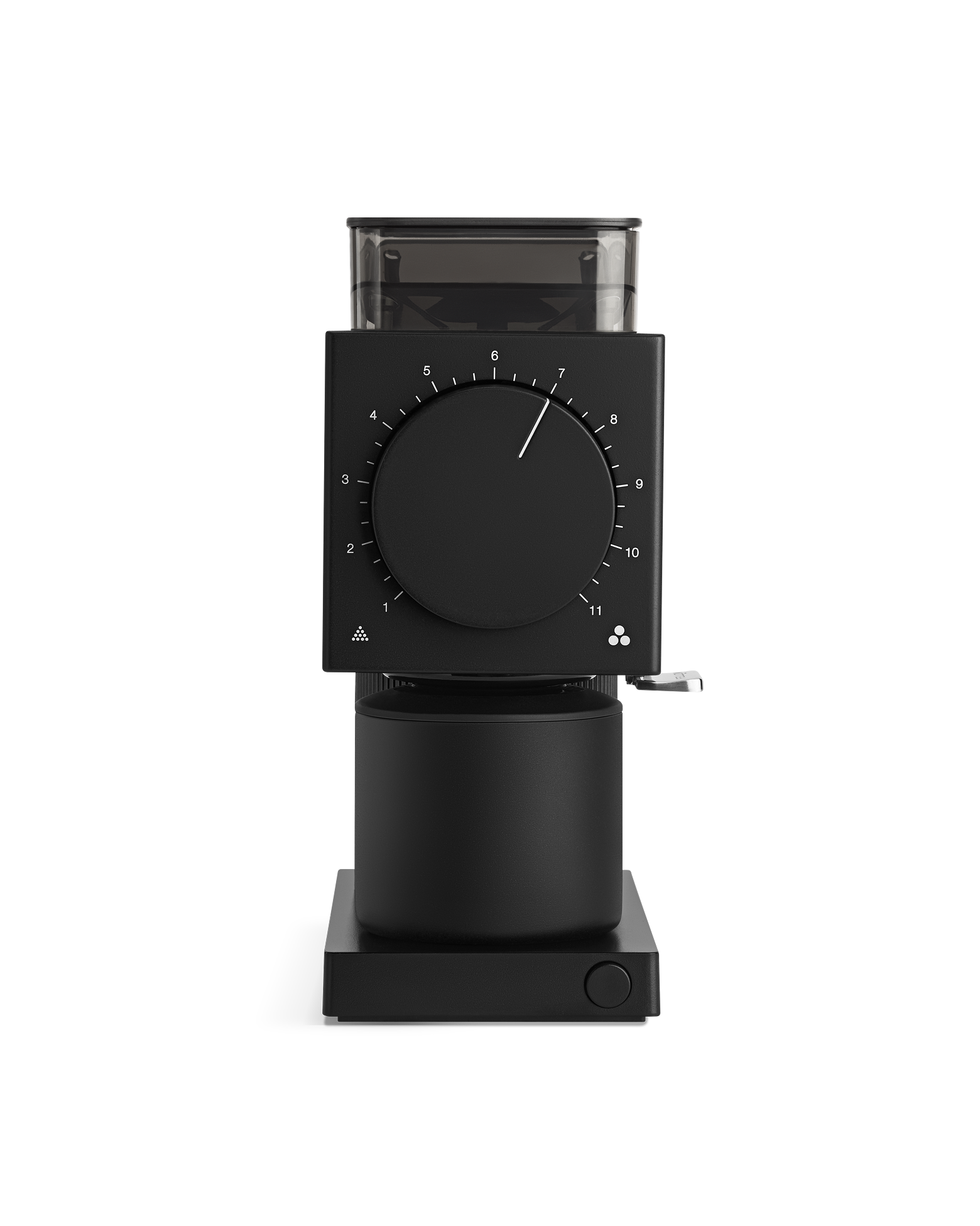 Fellow Ode Brew Grinder Gen 2 in black with large front dial and transparent bean hopper.