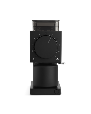 Fellow Ode Brew Grinder Gen 2 in black with large front dial and transparent bean hopper.